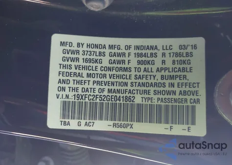 2016 Honda Civic Lx from USA, damaged, VIN 19XFC2F52GE041862